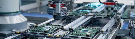 Component Installation and Quality Control of Circuit Board. Fully Automated PCB Assembly Line Equipped with High Precision Robot Arms at Electronics Factory. Electronic Devices Manufacturing Industry