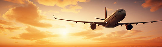 airplane in air at sunset