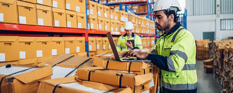 Warehouse worker working in warehouse storage. Foreman or worker work at factory site check up products in site. Inventory worker working in  factory Storehouse